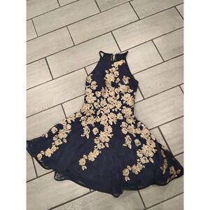 Xscape Navy Gold Floral Lace Fit Flare Cocktail Party‎ Dress - 8
